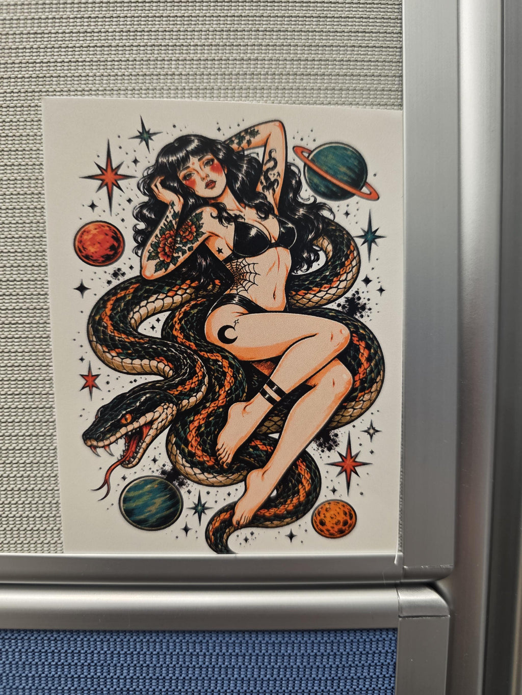 Cosmic Snake Goddess Sticker | Tattoo Flash Pin-Up Vinyl Sticker | Witchy Space Babe Art | Dark Feminine Traditional Tattoo Style Decal