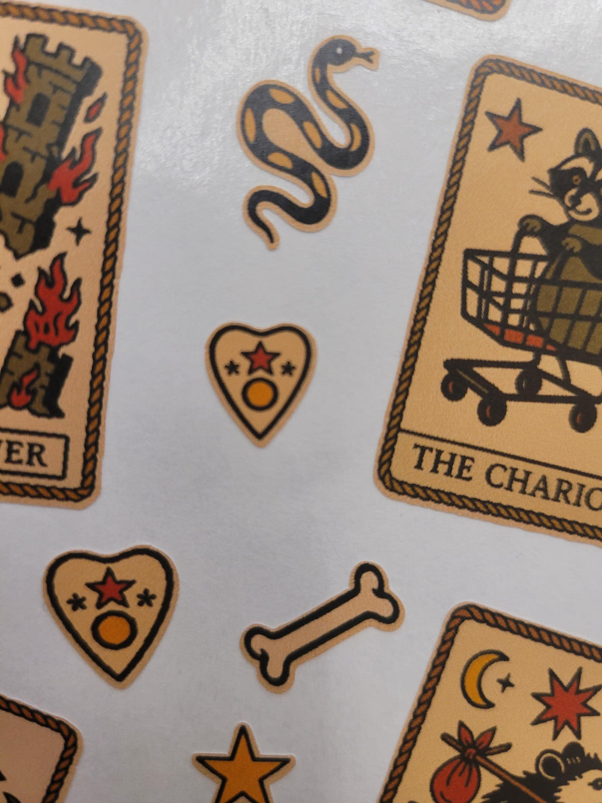 Witchy Tarot Critter Flash Sticker Sheet: Occult Cats, Skulls, Tarot, bones, snakes