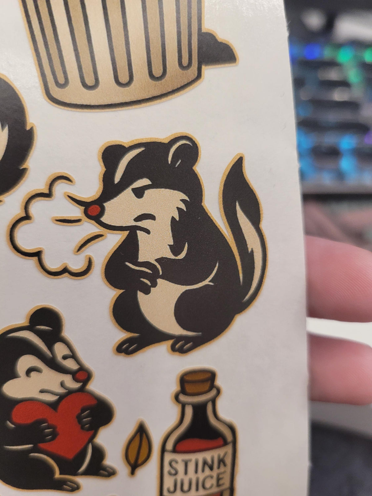 Skunk Traditional Style Sticker sheet- hearts,stars, skunks