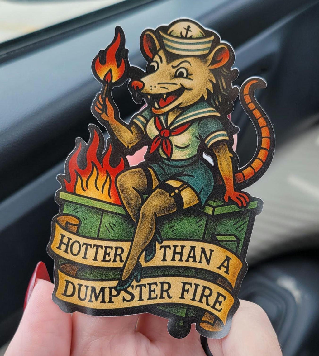 Funny Possum Pin-Up Sticker: Hotter Than a Dumpster Fire Vinyl Decal