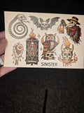 Sinister Tattoo Flash Sticker Sheet | Dark Gothic Skulls & Occult Art | Traditional Horror Stickers