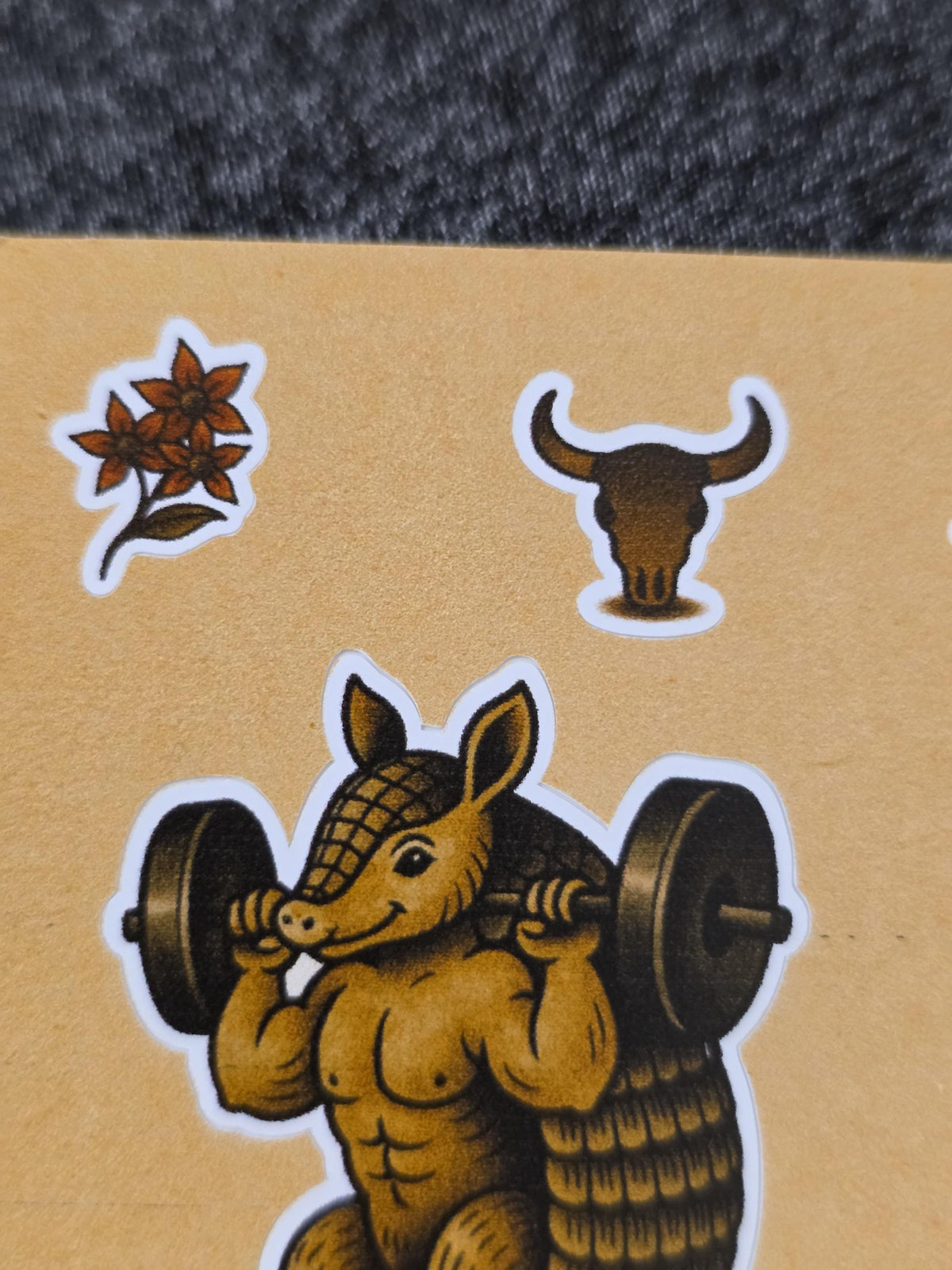 Armadillo Flash Sticker Sheet – Cowboy, Knight, Weightlifting, Rolling Dillo | 4×6 Western Tattoo Style