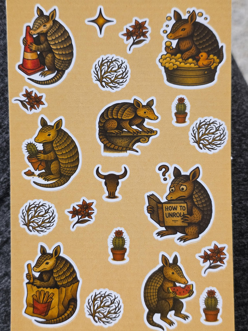 Armadillo Sticker Sheet – Cowboy Chaos, Self-Help Armadillo, Cactus Buddies & Tumbleweeds | 4×6 Western Flash