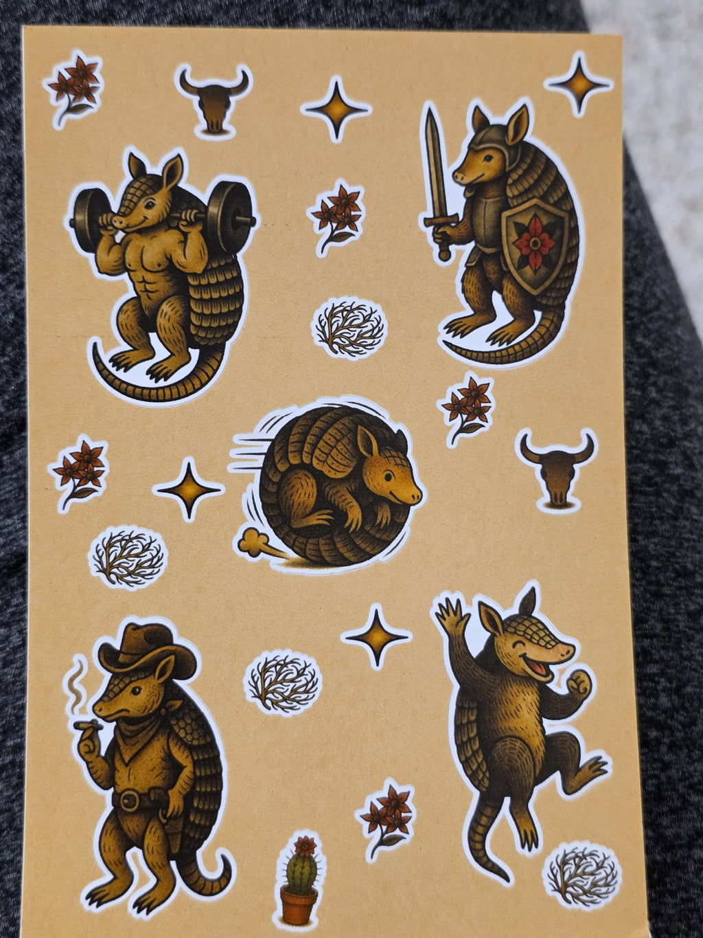 Armadillo Flash Sticker Sheet – Cowboy, Knight, Weightlifting, Rolling Dillo | 4×6 Western Tattoo Style