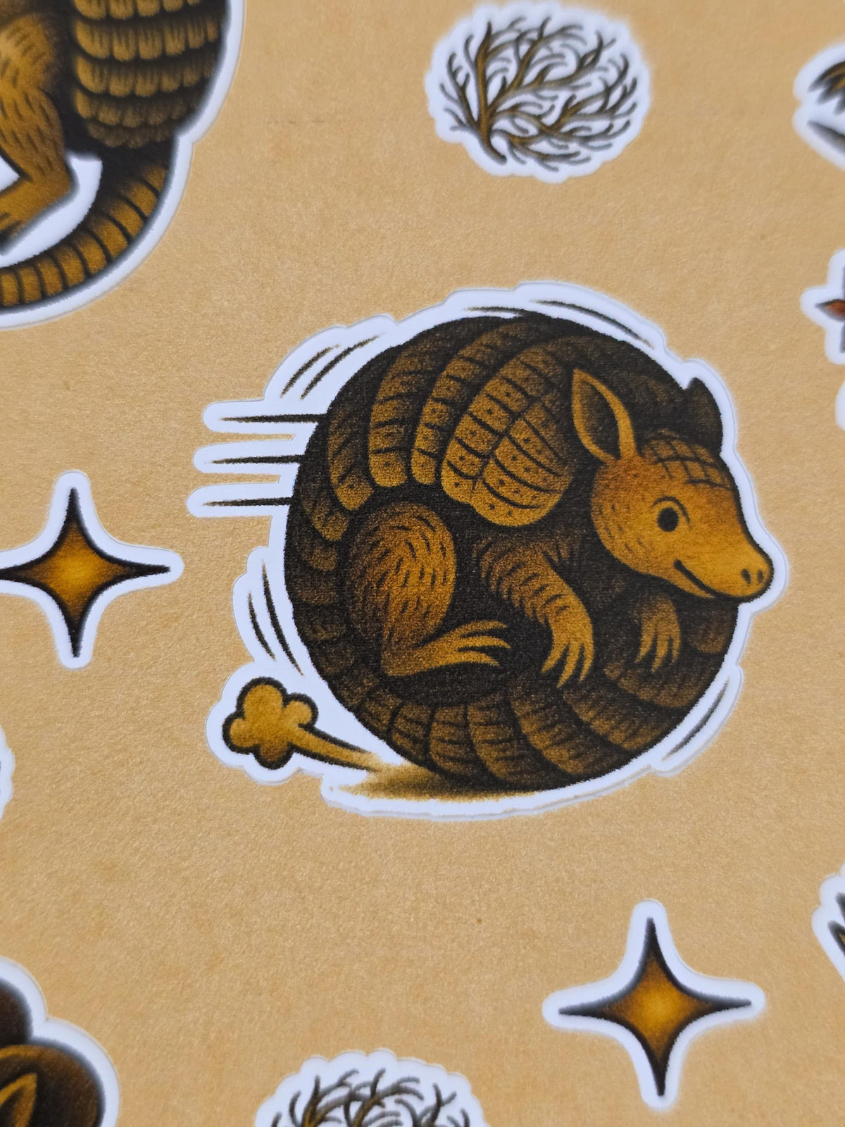 Armadillo Flash Sticker Sheet – Cowboy, Knight, Weightlifting, Rolling Dillo | 4×6 Western Tattoo Style