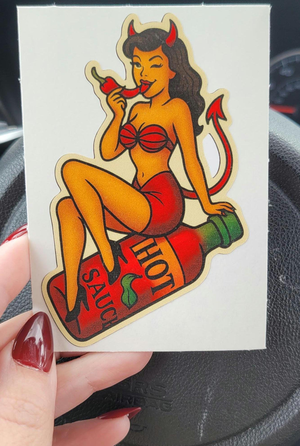 Spicy Devil Girl Sticker: Retro Tattoo Flash Pin-Up Decal
