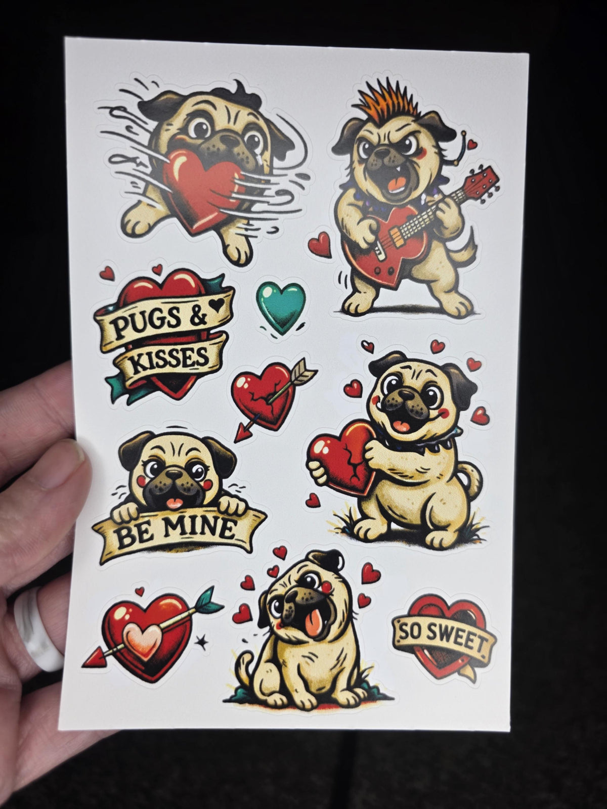 Pugs & Kisses Valentine Sticker Sheet | Pug Funny Dog Love Stickers