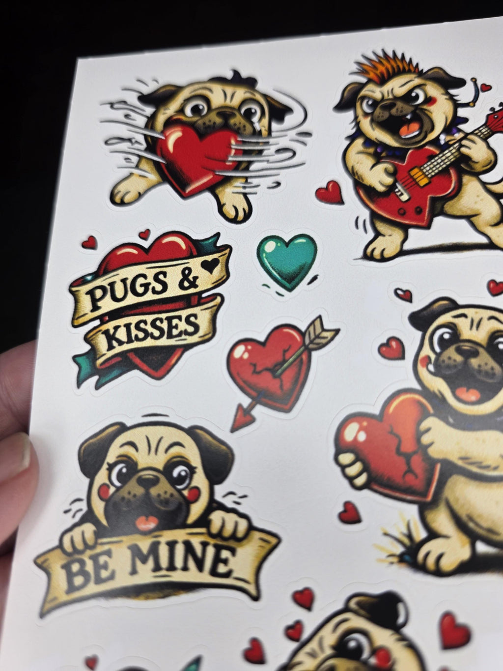 Pugs & Kisses Valentine Sticker Sheet | Pug Funny Dog Love Stickers