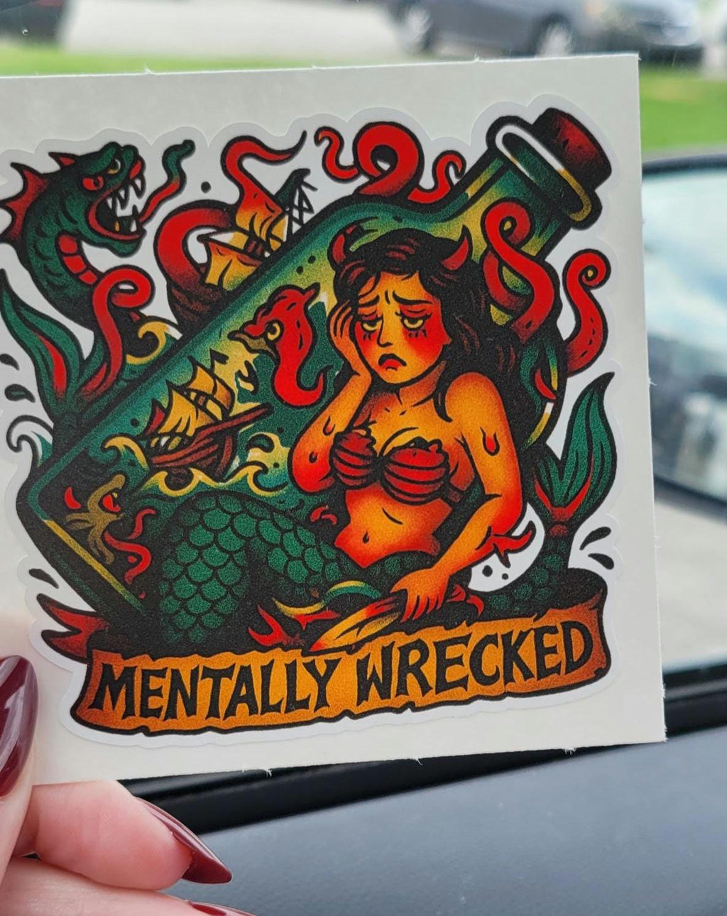 Mentally Wrecked Mermaid Sticker: Funny Tattoo Flash Vinyl Decal