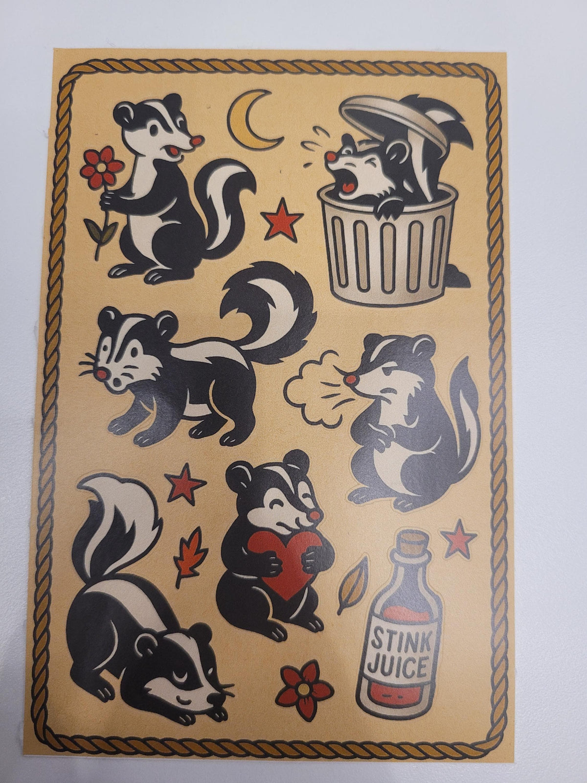 Skunk Traditional Style Sticker sheet- hearts,stars, skunks