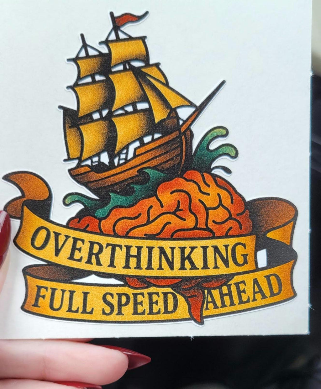 Funny Overthinking Sticker: Brain Ship Tattoo Vinyl Decal