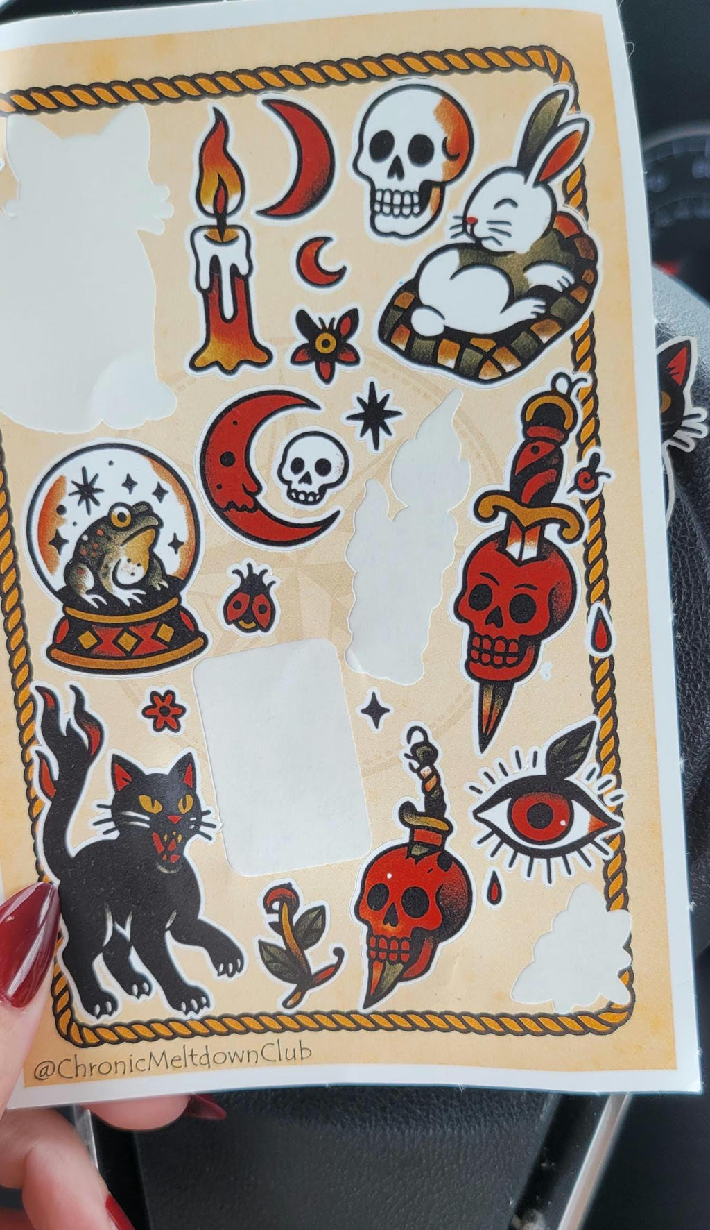 Witchy Tattoo Flash Sticker Sheet: Occult Cats, Skulls, Tarot