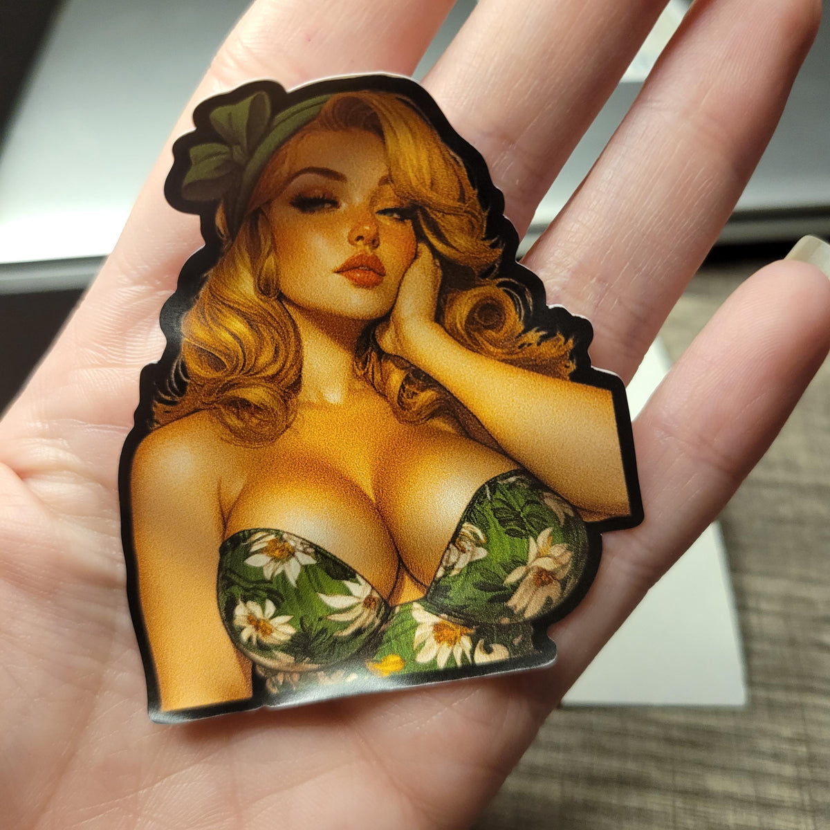 Redhead Pin-Up Girl Vinyl Sticker: Retro Glam Waterproof Decal
