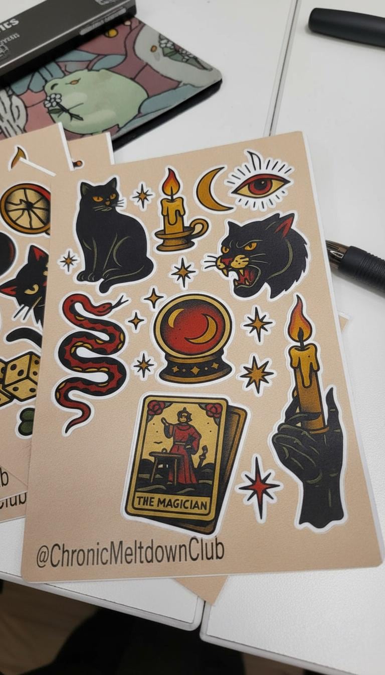 Witchy Tattoo Flash Sticker Sheet: Occult Cats, snake, Tarot, Stars