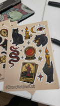 Witchy Tattoo Flash Sticker Sheet: Occult Cats, snake, Tarot, Stars