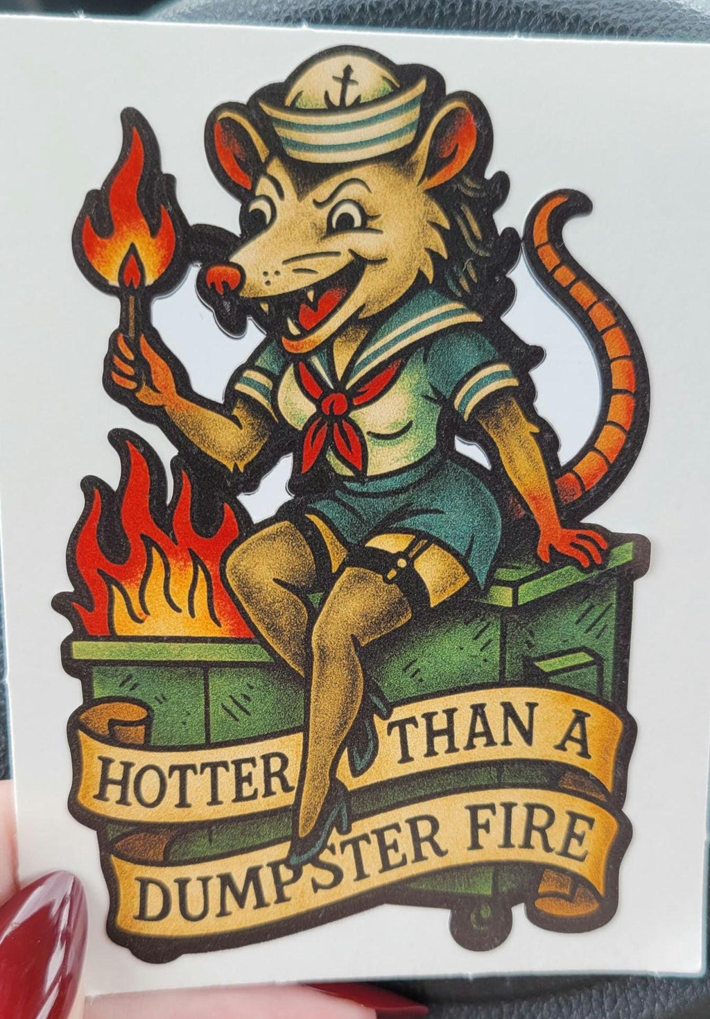 Funny Possum Pin-Up Sticker: Hotter Than a Dumpster Fire Vinyl Decal