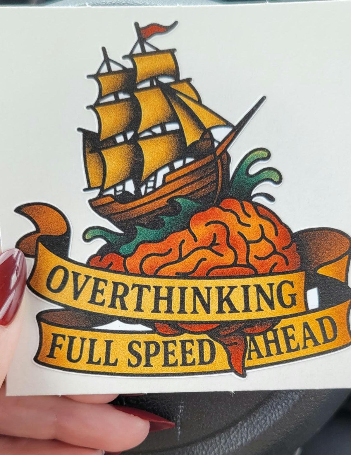 Funny Overthinking Sticker: Brain Ship Tattoo Vinyl Decal