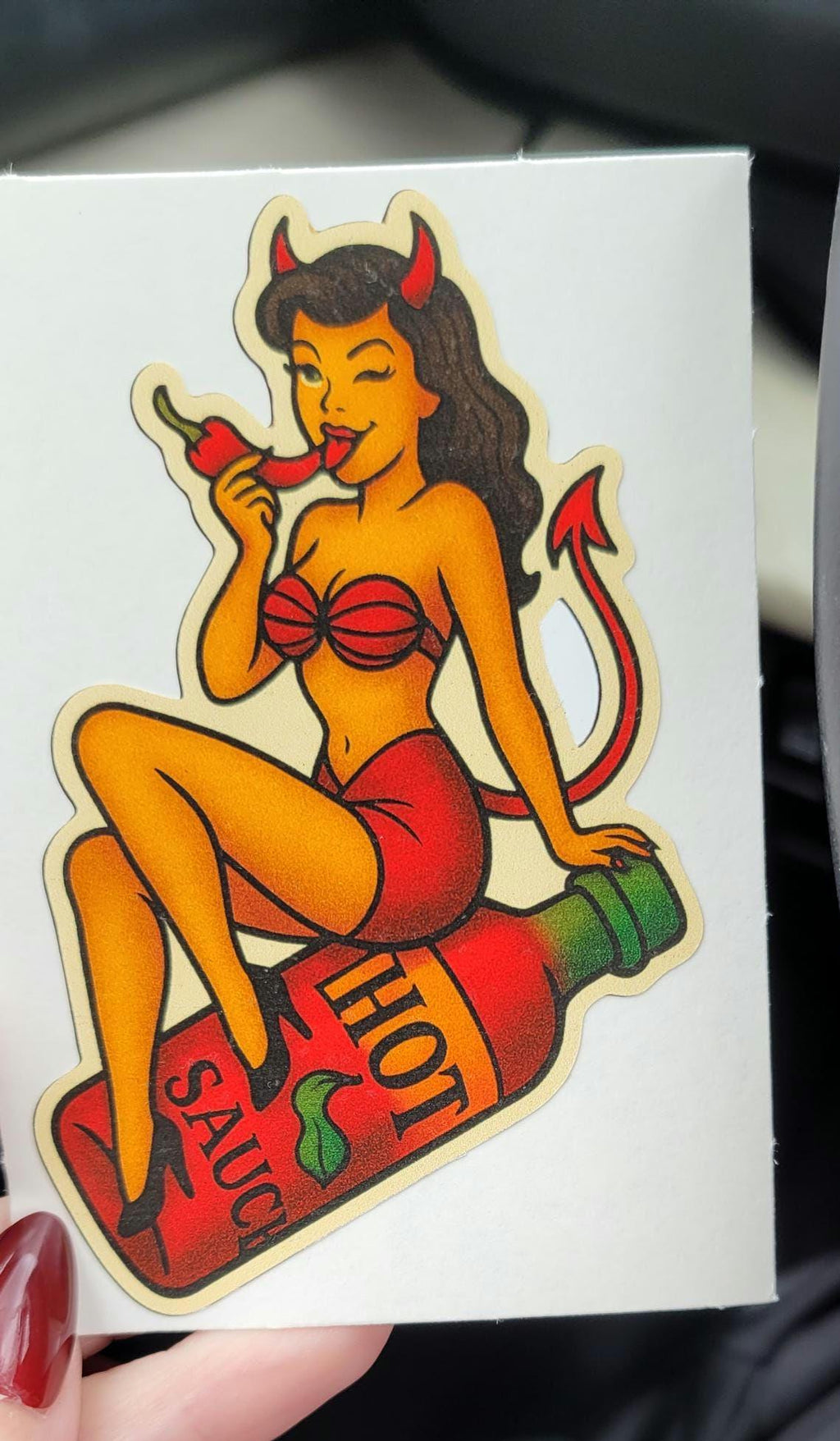 Spicy Devil Girl Sticker: Retro Tattoo Flash Pin-Up Decal