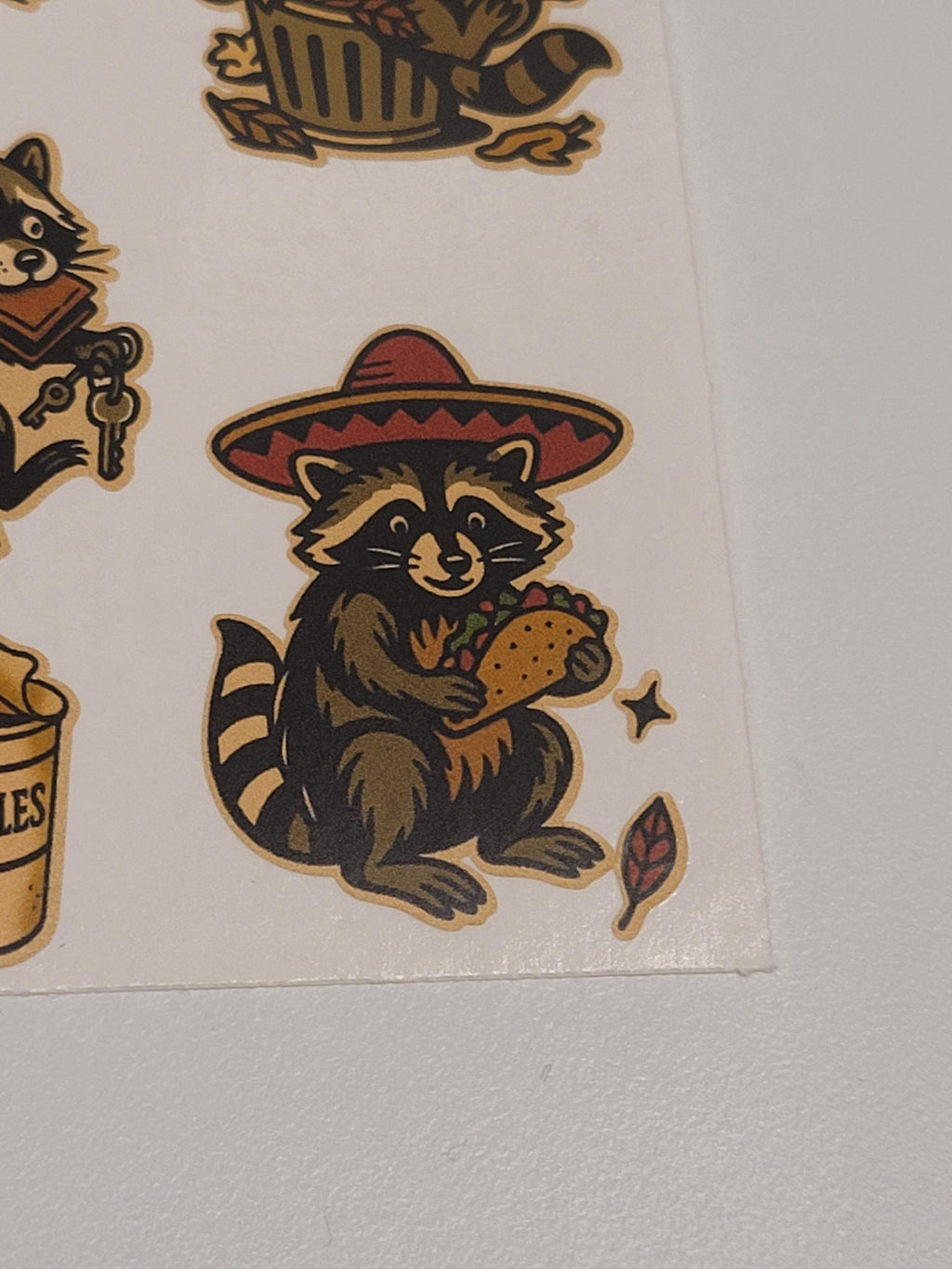 Traditional style michivious Raccoon sticker sheet-Raccoons, noodle cups, bones,pizza