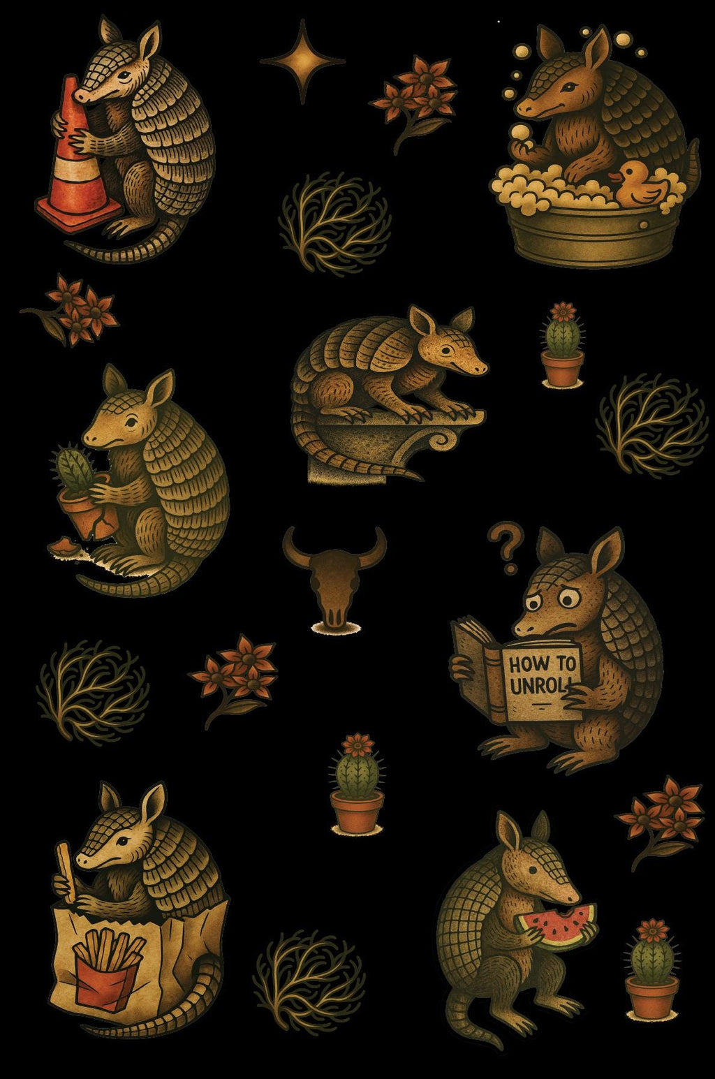 Armadillo Sticker Sheet – Cowboy Chaos, Self-Help Armadillo, Cactus Buddies & Tumbleweeds | 4×6 Western Flash