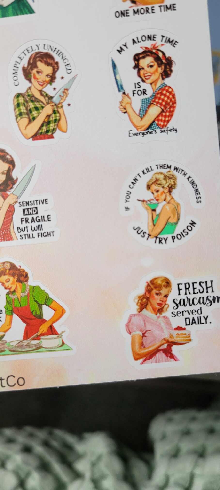 Retro Pin-Up Sarcastic Sticker Sheet: Waterproof Vinyl Stickers