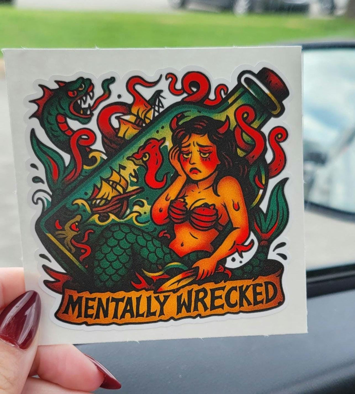 Mentally Wrecked Mermaid Sticker: Funny Tattoo Flash Vinyl Decal