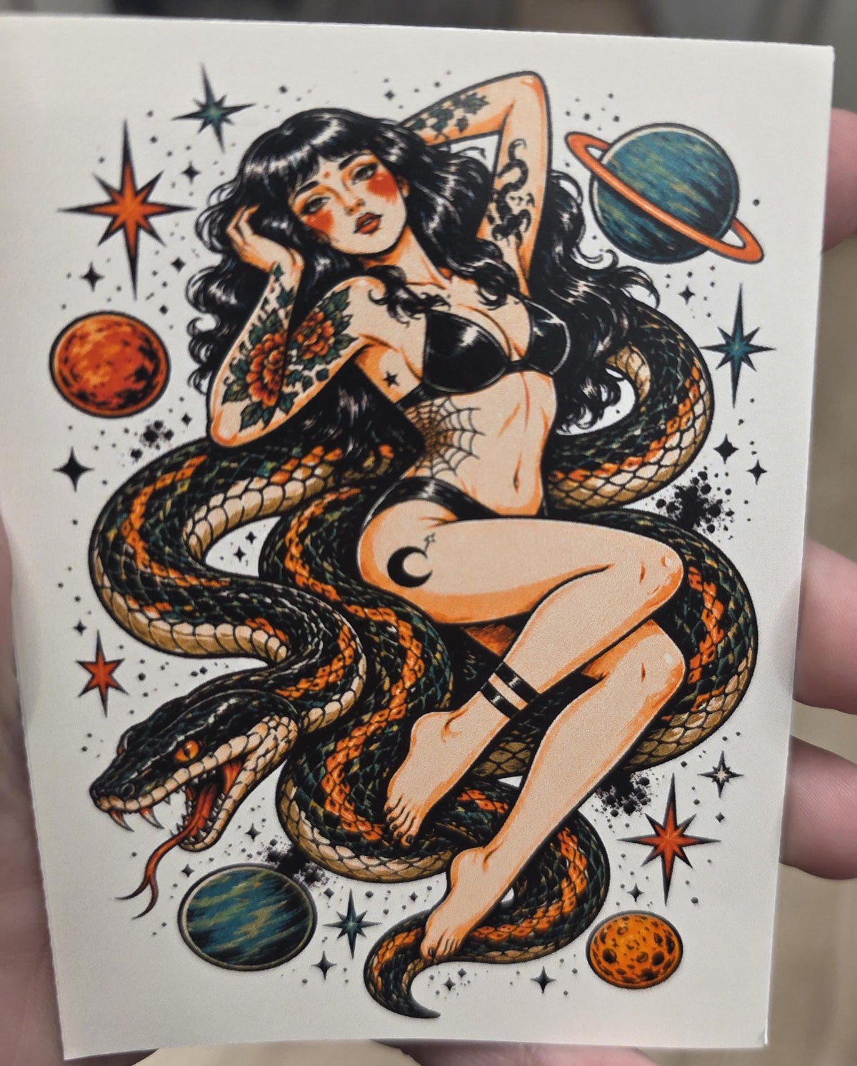 Cosmic Snake Goddess Sticker | Tattoo Flash Pin-Up Vinyl Sticker | Witchy Space Babe Art | Dark Feminine Traditional Tattoo Style Decal