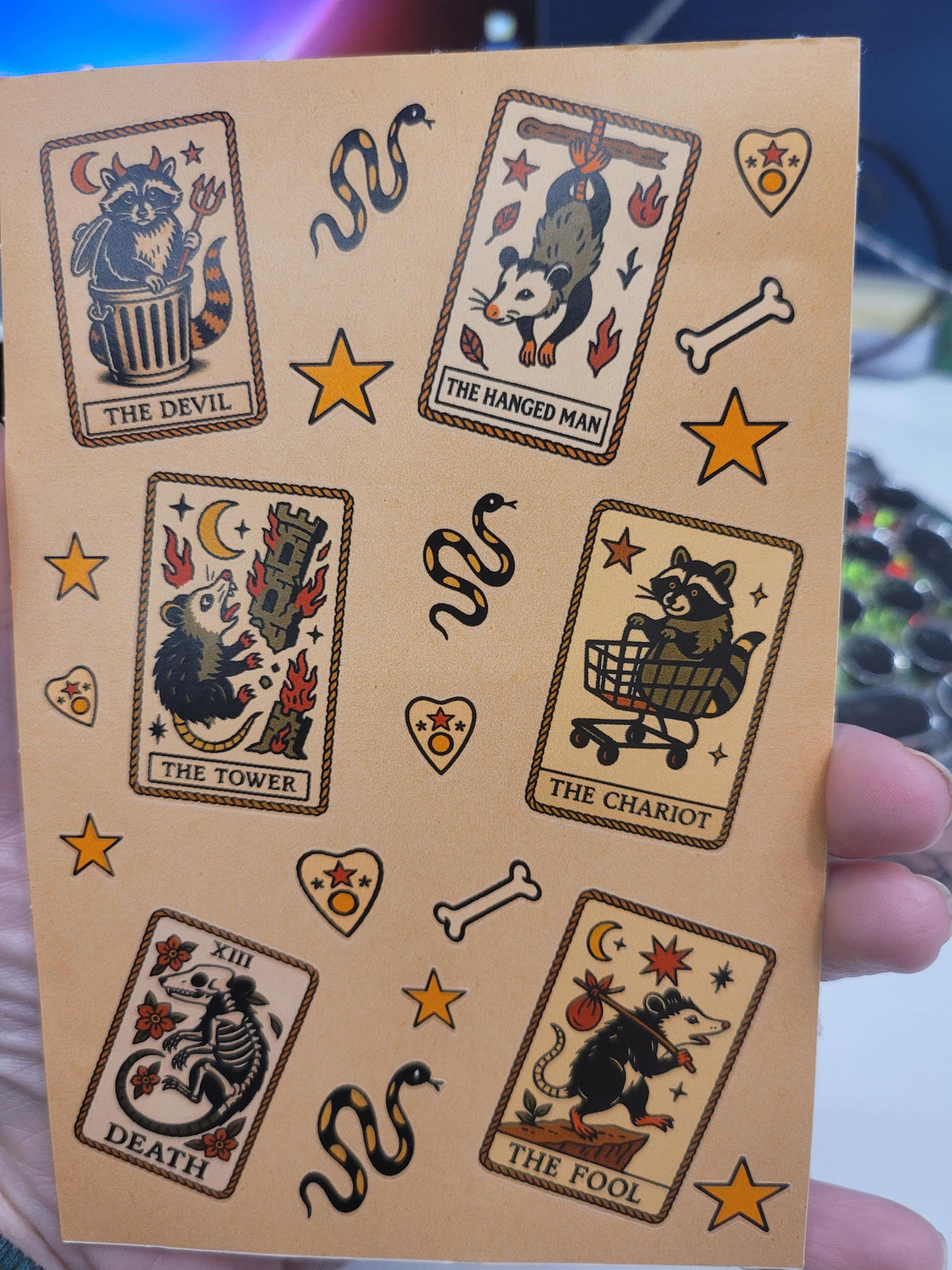 Witchy Tarot Critter Flash Sticker Sheet: Occult Cats, Skulls, Tarot, bones, snakes