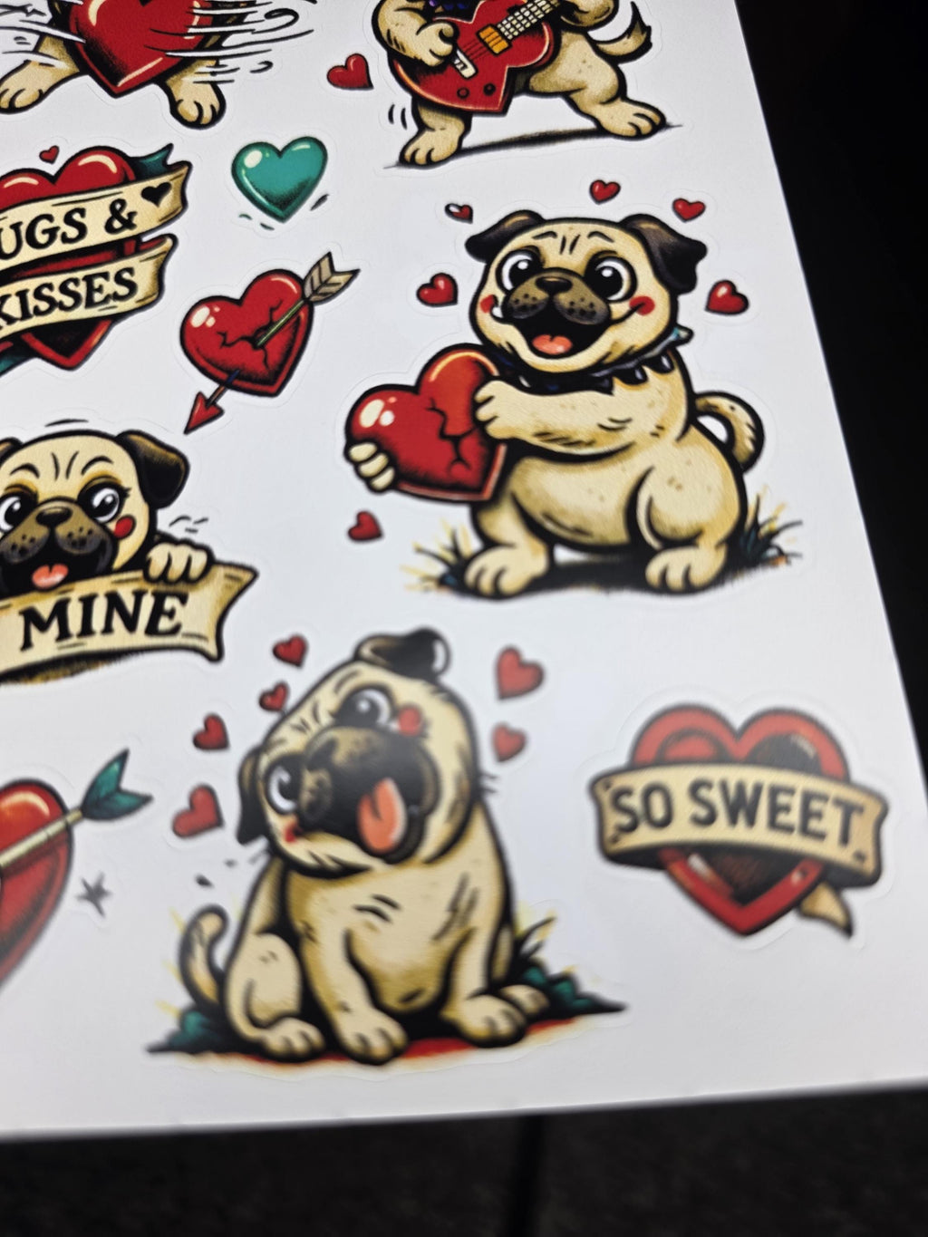Pugs & Kisses Valentine Sticker Sheet | Pug Funny Dog Love Stickers