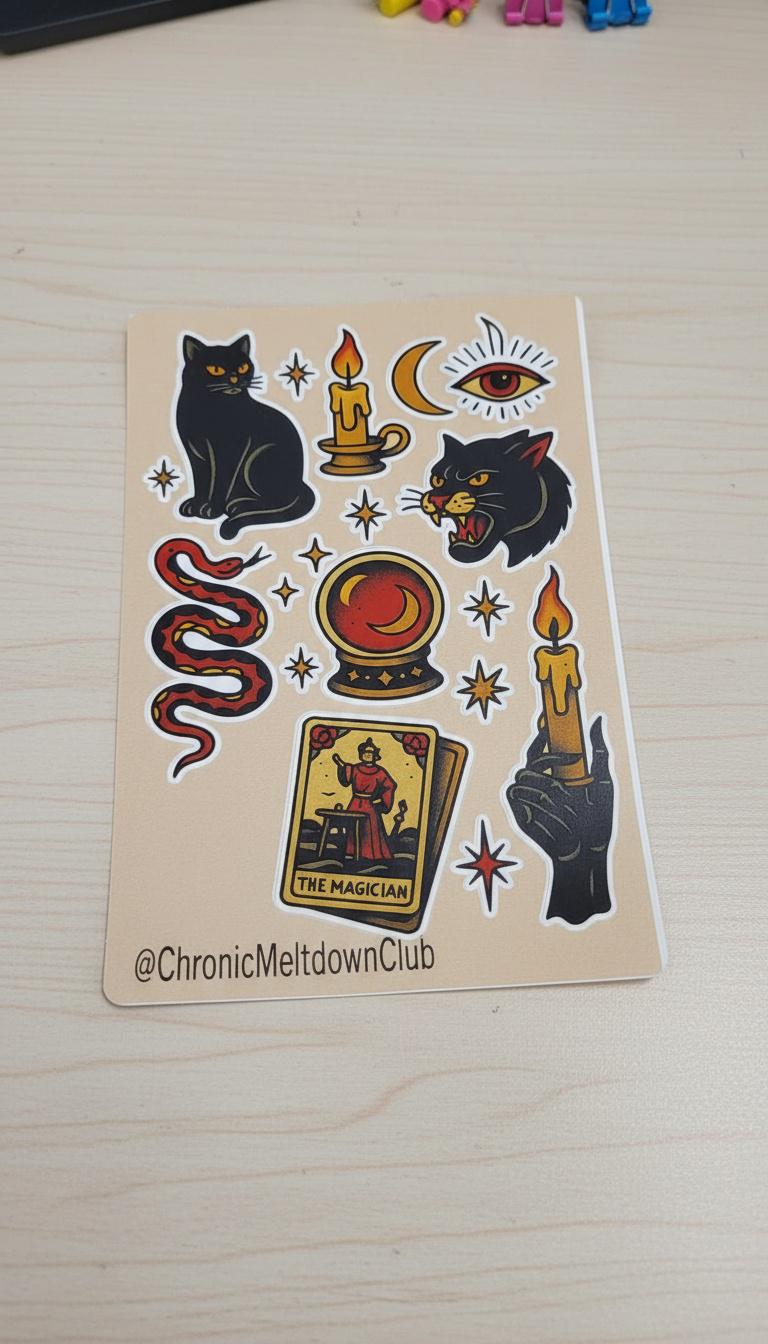 Witchy Tattoo Flash Sticker Sheet: Occult Cats, snake, Tarot, Stars