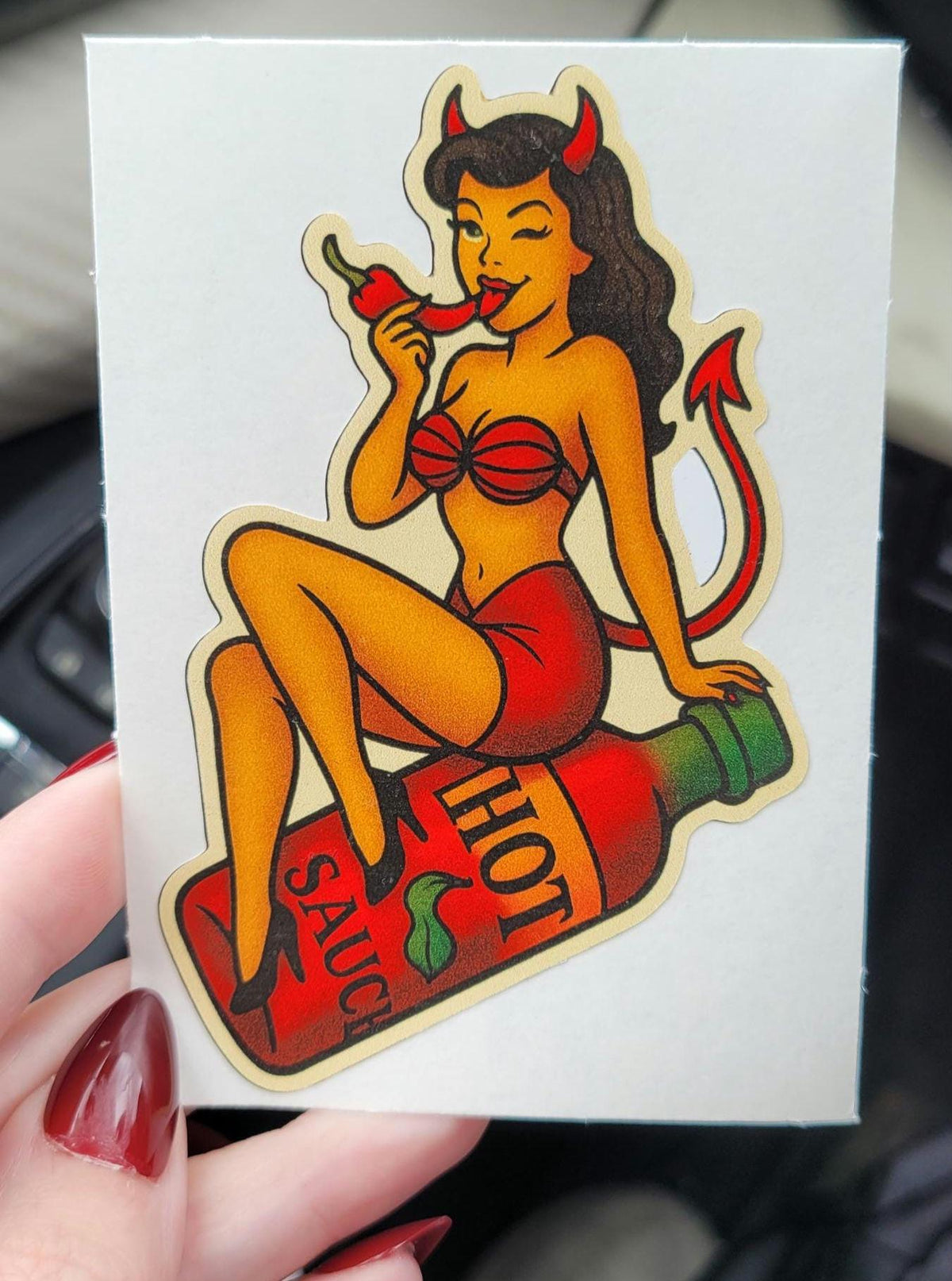 Spicy Devil Girl Sticker: Retro Tattoo Flash Pin-Up Decal