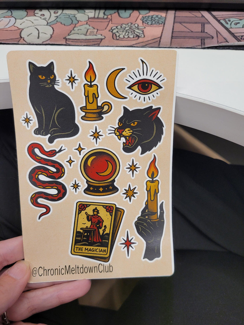 Witchy Tattoo Flash Sticker Sheet: Occult Cats, snake, Tarot, Stars