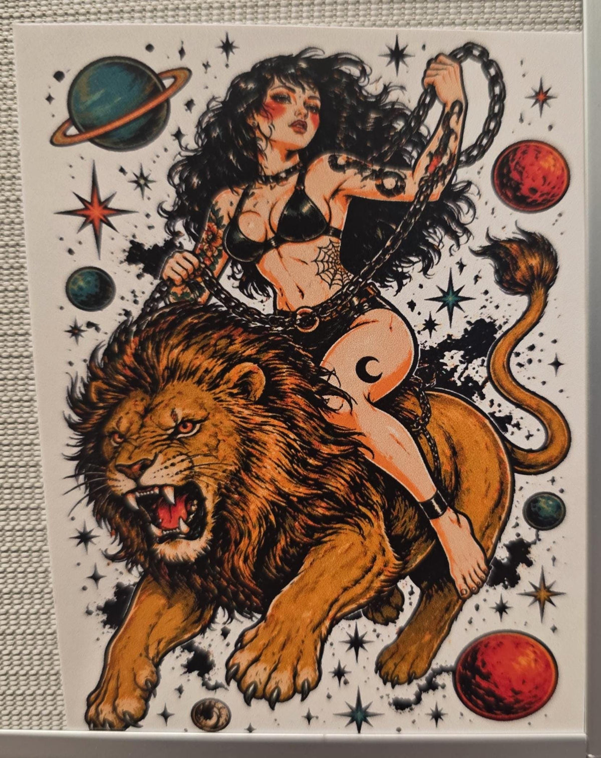 Cosmic Lion Rider Sticker | Dark Feminine Tattoo Flash Vinyl Sticker | Witchy Space Cowgirl Pin-Up Art | Celestial Lion Decal