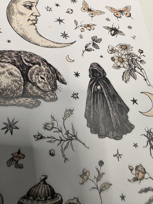 Celestial Folklore Sticker Sheet | Moon, Rabbit & Vintage Illustration | Cottagecore Stickers