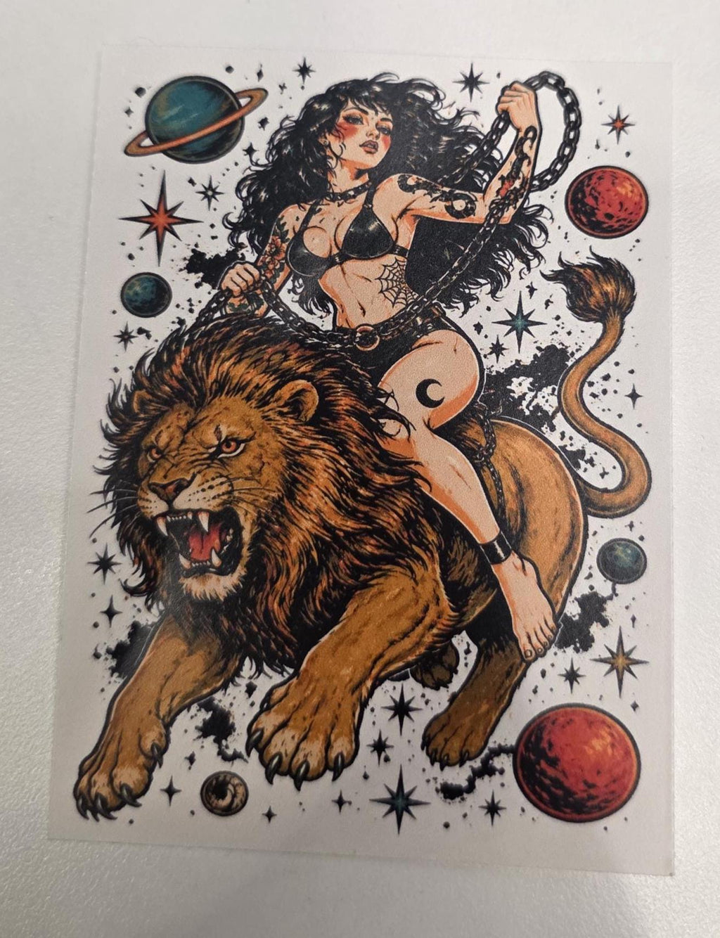 Cosmic Lion Rider Sticker | Dark Feminine Tattoo Flash Vinyl Sticker | Witchy Space Cowgirl Pin-Up Art | Celestial Lion Decal
