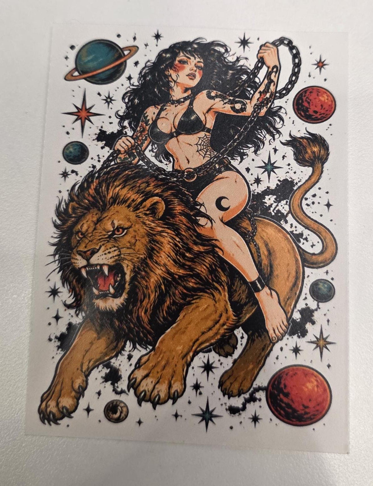 Cosmic Lion Rider Sticker | Dark Feminine Tattoo Flash Vinyl Sticker | Witchy Space Cowgirl Pin-Up Art | Celestial Lion Decal