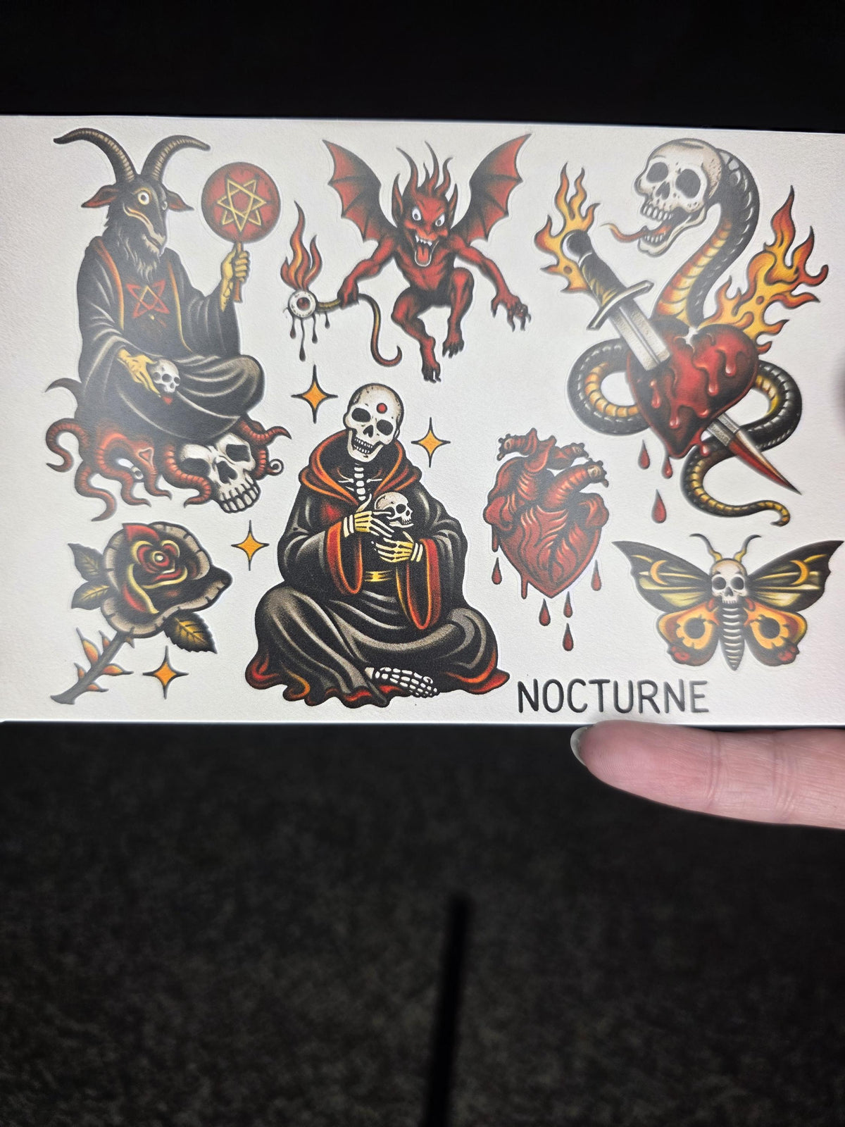 Nocturne | Dark Occult Tattoo Flash Sticker Sheet | Satanic Gothic Traditional Style