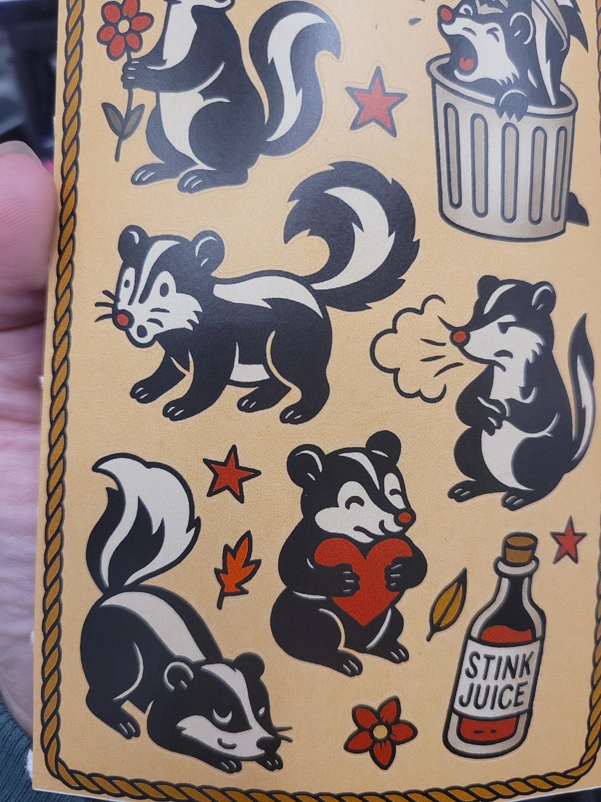 Skunk Traditional Style Sticker sheet- hearts,stars, skunks
