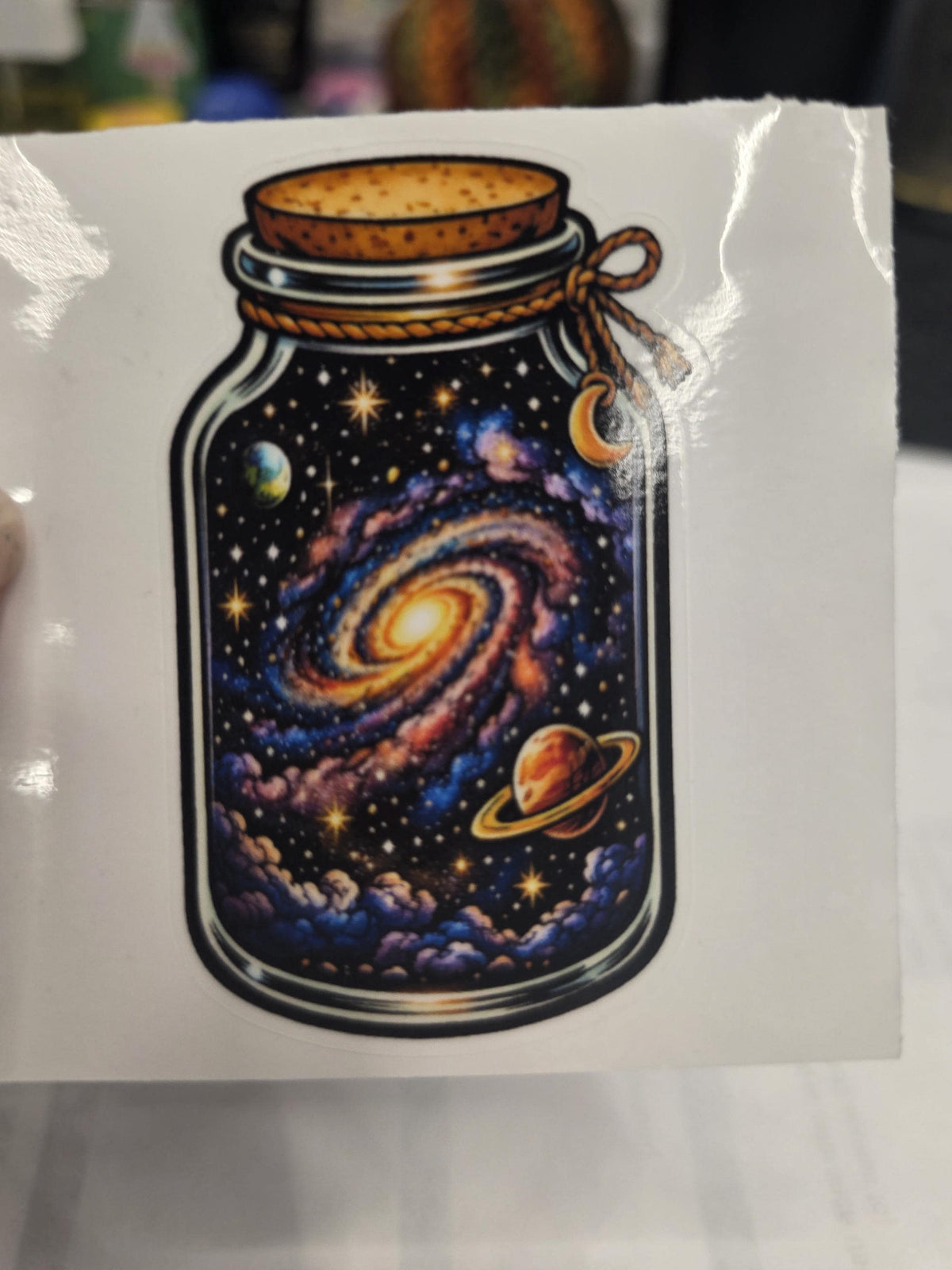 Clear Vinyl Galaxy Jar Sticker | Cosmic Swirls, Planets, Stars Decal