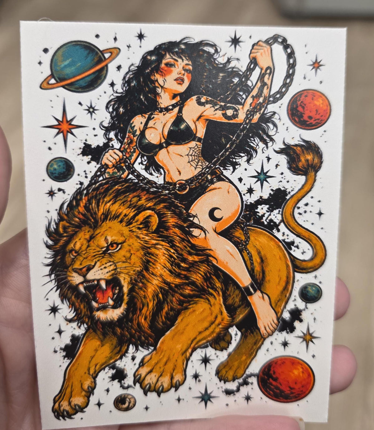 Cosmic Lion Rider Sticker | Dark Feminine Tattoo Flash Vinyl Sticker | Witchy Space Cowgirl Pin-Up Art | Celestial Lion Decal