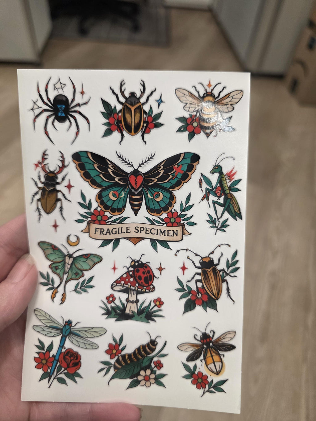 Vintage Tattoo Flash Insect Stickers | Clear Vinyl Moth, Beetle, Bee Sheet