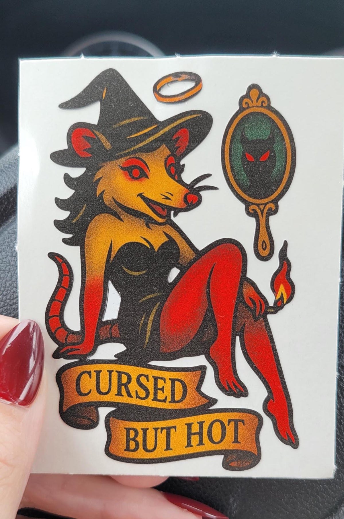 Cursed But Hot Possum Sticker: Witchy Goth Pin-Up Vinyl Decal