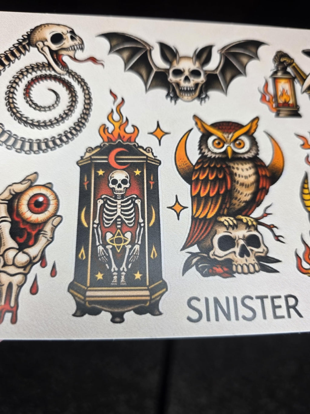 Sinister Tattoo Flash Sticker Sheet | Dark Gothic Skulls & Occult Art | Traditional Horror Stickers