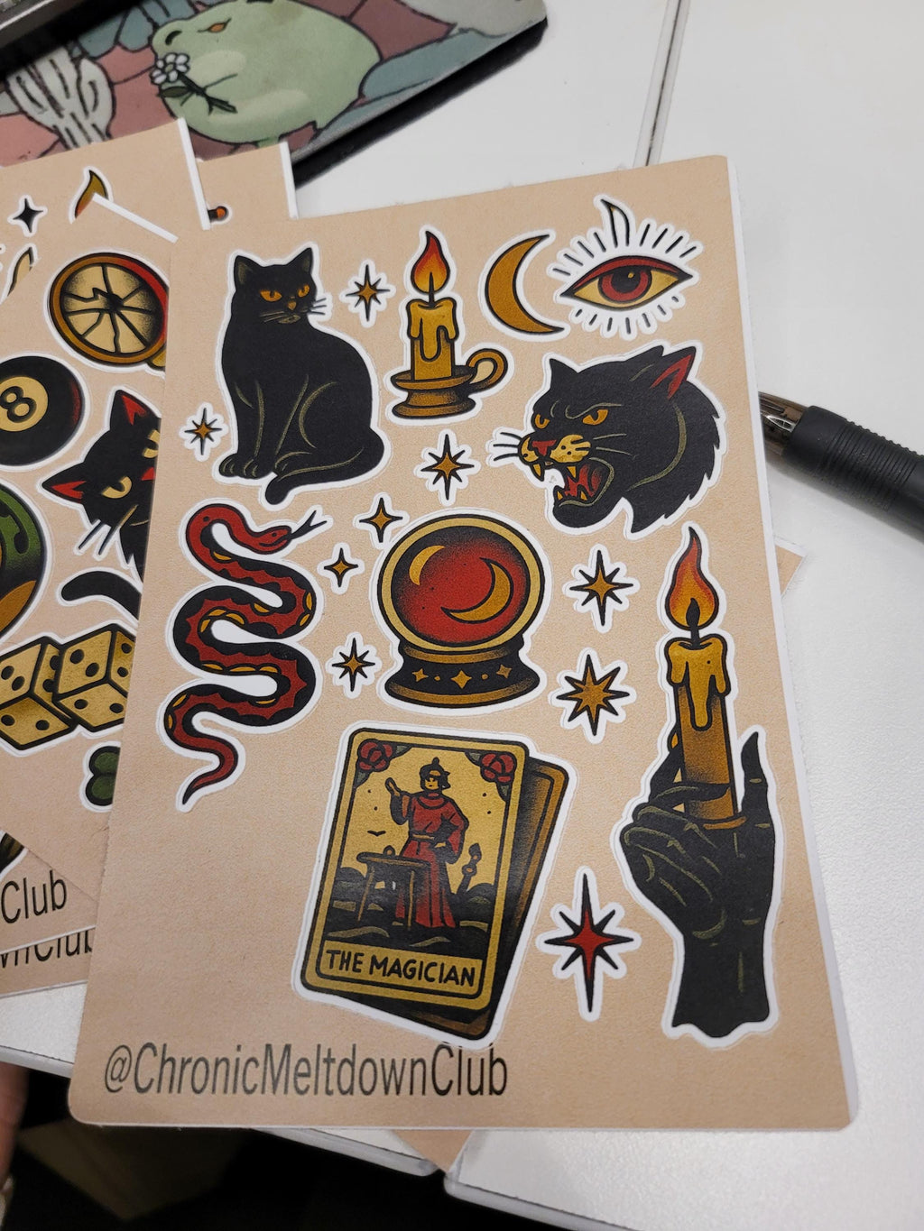 Witchy Tattoo Flash Sticker Sheet: Occult Cats, snake, Tarot, Stars