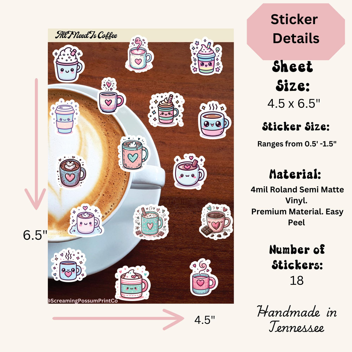 Kawaii Coffee Sticker Sheet – Waterproof Planner Stickers