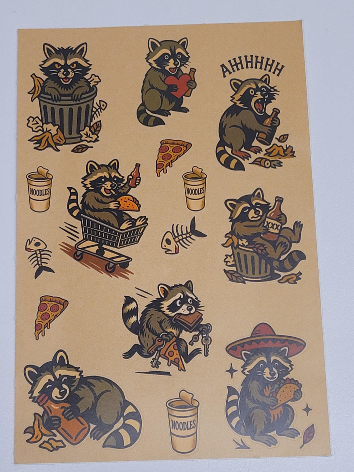Traditional style michivious Raccoon sticker sheet-Raccoons, noodle cups, bones,pizza