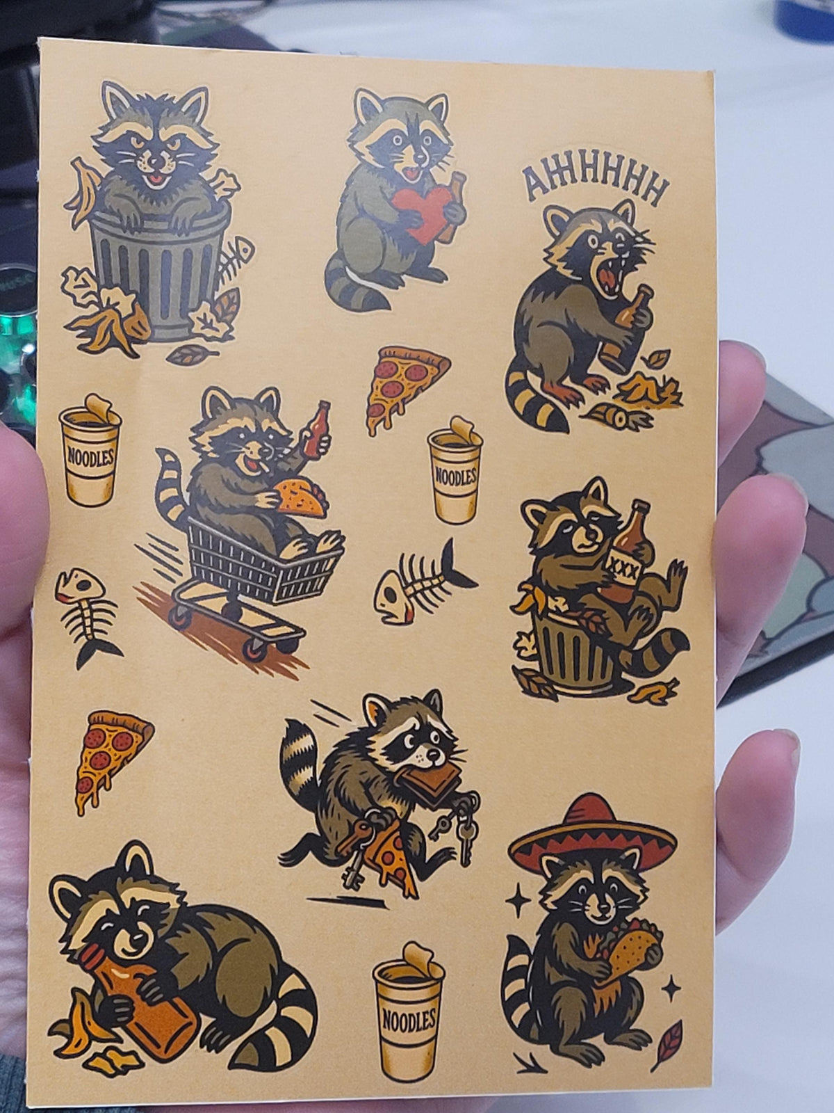 Traditional style michivious Raccoon sticker sheet-Raccoons, noodle cups, bones,pizza