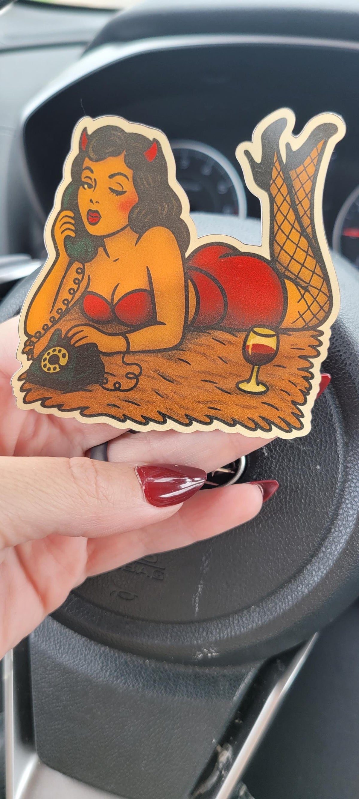 Vintage Tattoo Devil Pin-Up Girl Sticker: Retro Vinyl Decal