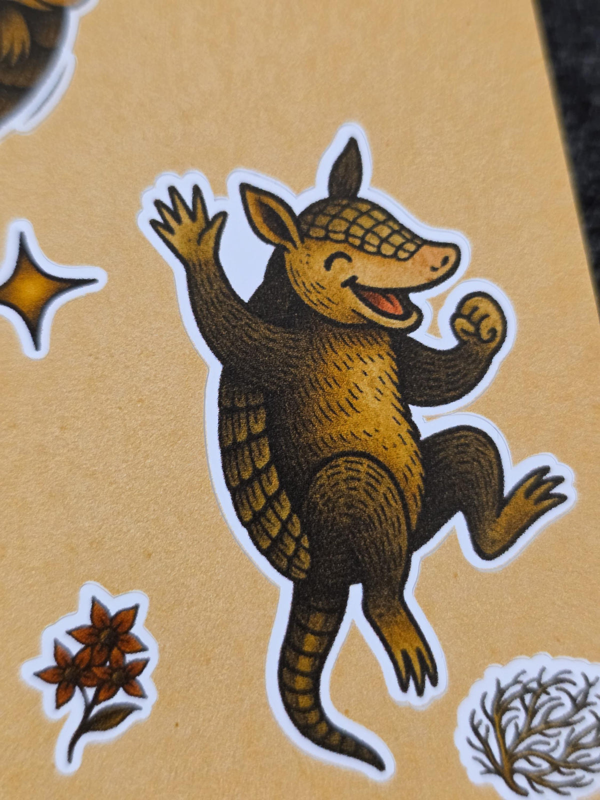 Armadillo Flash Sticker Sheet – Cowboy, Knight, Weightlifting, Rolling Dillo | 4×6 Western Tattoo Style