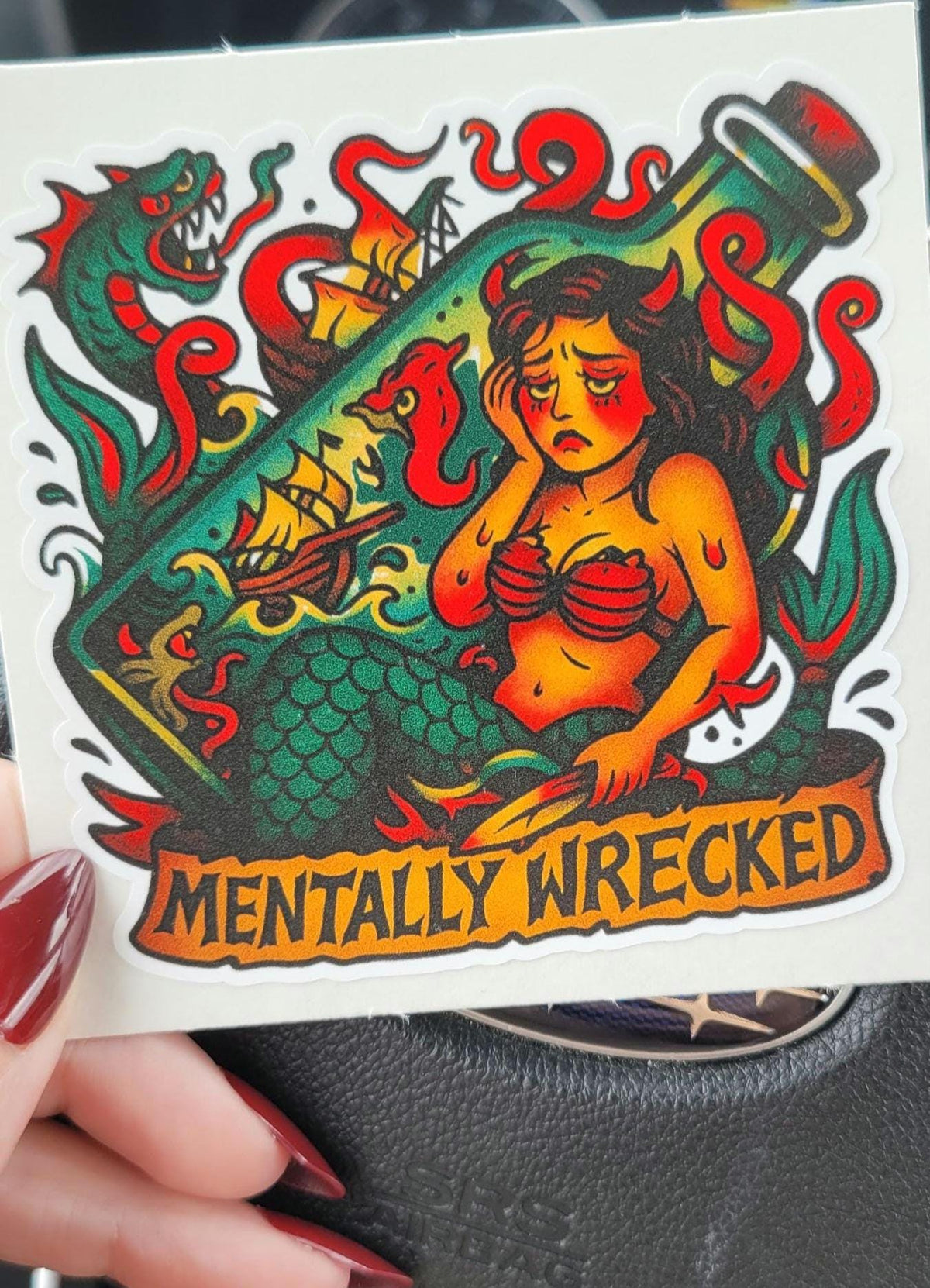 Mentally Wrecked Mermaid Sticker: Funny Tattoo Flash Vinyl Decal